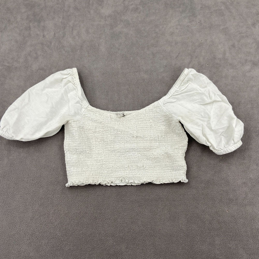 American Eagle Smocked Cropped Top Sz M White Lightweight Off Shoulder Mesh Boho